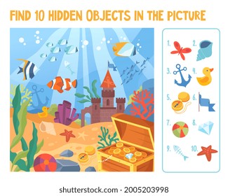 Marine life or underwater life concept. Find 10 hidden objects in the picture. Puzzle Hidden Items. Flat cartoon vector illustration