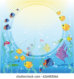 Marine life underwater with fishes template for your text cartoon style vector