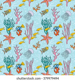 Marine life underwater seamless pattern