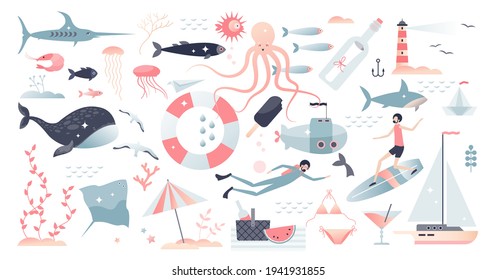 Marine life, underwater wildlife, fauna and beach set tiny person concept. Collection with swimming divers, animals, fishes and flora elements vector illustration. Organisms and water habitat elements