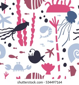 Marine life, underwater world modern design seamless pattern for wrapping, textile, print. Algae, seashell and sea animals: jellyfish, squid and starfish, shrimp, crab and actinium vector elements.