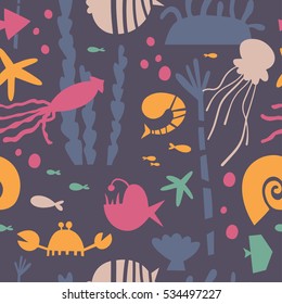 Marine life, underwater world modern design seamless pattern for wrapping, textile, print. Algae, seashell and sea animals: jellyfish, squid and starfish, shrimp, crab and actinium vector elements.