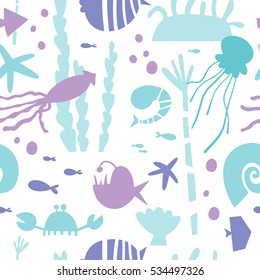 Marine life, underwater world modern design seamless pattern for wrapping, textile, print. Algae, seashell and sea animals: jellyfish, squid and starfish, shrimp, crab and actinium vector elements.