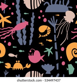 Marine life, underwater world modern design seamless pattern for wrapping, textile, print. Algae, seashell and sea animals: jellyfish, squid and starfish, shrimp, crab and actinium vector elements.