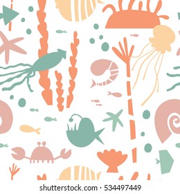 Marine life, underwater world modern design seamless pattern for wrapping, textile, print. Algae, seashell and sea animals: jellyfish, squid and starfish, shrimp, crab and actinium vector elements.