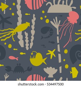 Marine life, underwater world modern design seamless pattern for wrapping, textile, print. Algae, seashell and sea animals: jellyfish, squid and starfish, shrimp, crab and actinium vector elements.