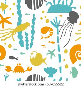 Marine life, underwater world modern design seamless pattern for wrapping, textile, print. Algae, seashell and sea animals: jellyfish, squid and starfish, shrimp, crab and actinium vector elements.