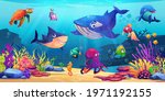 Marine life, underwater world with sea ocean animals, corals and algae, cartoon dolphin and shark, whale and fish, turtle and jellyfish. Childish seabed bottom creatures, undersea biodiversity fauna