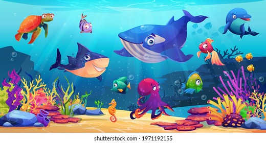 Marine life, underwater world with sea ocean animals, corals and algae, cartoon dolphin and shark, whale and fish, turtle and jellyfish. Childish seabed bottom creatures, undersea biodiversity fauna