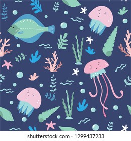 Marine life, underwater world seamless pattern for wrapping, textile, print. Sea fish, seashell, algae and sea animals: jellyfish, shells, flounder, starfish vector elements