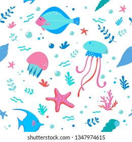 Marine life, underwater world seamless pattern for wrapping, textile, print on white background. Sea fish, seashell, algae and sea animals: jellyfish, shells, flounder, starfish vector elements