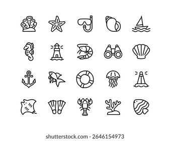 Marine Life Vector Icon Set | Adjustable Line Weight | Fish, coral, shell, starfish, jellyfish, lighthouse, anchor, seahorse, crab, snorkeling, underwater, diving, ocean icons