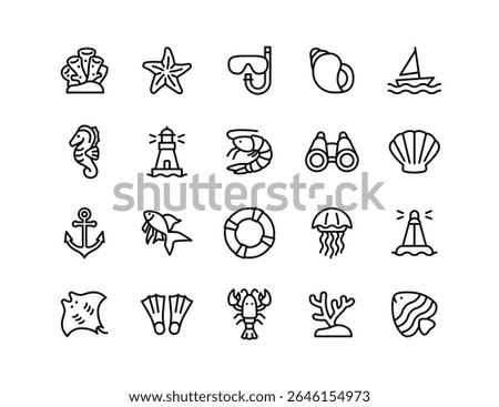 Marine Life Vector Icon Set | Adjustable Line Weight | Fish, coral, shell, starfish, jellyfish, lighthouse, anchor, seahorse, crab, snorkeling, underwater, diving, ocean icons