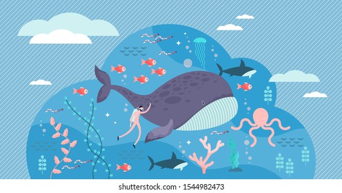 marine life vector illustration. Flat tiny sea or ocean fishes and animals visualization. Underwater wildlife with big whale. Swimming fauna exploration and research for providing sustainable habitat.