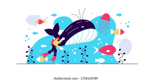 marine life vector illustration. Flat tiny sea or ocean fishes and animals visualization. Underwater wildlife with big whale. Swimming fauna exploration and research for providing sustainable habitat.