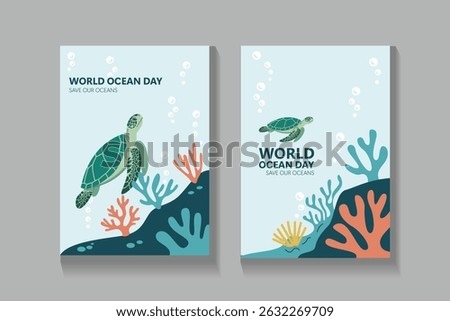 Marine life vector illustration for World Ocean Day with turtle, coral, and bubbles. Great for social media posts, posters, banners, and ocean conservation content.