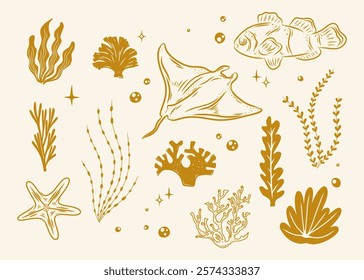 Marine life vintage illustration pattern vector coral reef, marine plants deep sea background layout silhouette printable