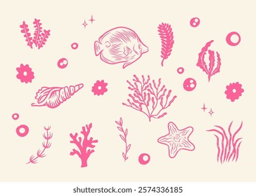 Marine life vintage pink illustration pattern vector coral reef, marine plants scallop starfish deep sea background layout silhouette printable