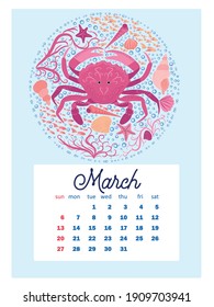 Marine life. Wall calendar design template for 2022, A4 format. Week starts on Sunday. Whale, mermaid, snail, shark, crab, stingray, seahorse, dolphin, octopus, turtle, jellyfish, clown fish etc.