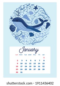 Marine life. Wall calendar design template for 2022, A4 format. Week starts on Sunday. Whale, mermaid, snail, shark, crab, stingray, seahorse, dolphin, octopus, turtle, jellyfish, clown fish etc.