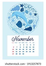 Marine life. Wall calendar design template for 2022, A4 format. Week starts on Sunday. Whale, mermaid, snail, shark, crab, stingray, seahorse, dolphin, octopus, turtle, jellyfish, clown fish etc.