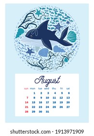Marine life. Wall calendar design template for 2022, A4 format. Week starts on Sunday. Whale, mermaid, snail, shark, crab, stingray, seahorse, dolphin, octopus, turtle, jellyfish, clown fish etc.