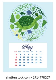 Marine life. Wall calendar design template for 2022, A4 format. Week starts on Sunday. Whale, mermaid, snail, shark, crab, stingray, seahorse, dolphin, octopus, turtle, jellyfish, clown fish etc.