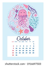 Marine life. Wall calendar design template for 2022, A4 format. Week starts on Sunday. Whale, mermaid, snail, shark, crab, stingray, seahorse, dolphin, octopus, turtle, jellyfish, clown fish etc.
