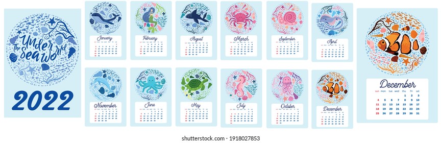 Marine Life. Wall Calendar Design Template For 2022, A4 Format. Week Starts On Sunday. Whale, Mermaid, Snail, Shark, Crab, Stingray, Seahorse, Dolphin, Octopus, Turtle, Jellyfish, Clown Fish Etc.