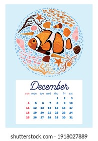 Marine life. Wall calendar design template for 2022, A4 format. Week starts on Sunday. Whale, mermaid, snail, shark, crab, stingray, seahorse, dolphin, octopus, turtle, jellyfish, clown fish etc.