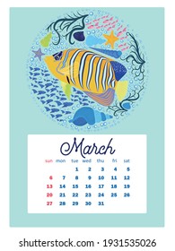 Marine life. Wall calendar design template for 2022, A4 format. Week starts on Sunday. Whale, mermaid, snail, shark, crab, stingray, seahorse, dolphin, octopus, turtle, jellyfish, clown fish etc.