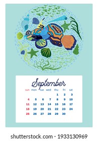Marine life. Wall calendar design template for 2022, A4 format. Week starts on Sunday. Whale, mermaid, snail, shark, crab, stingray, seahorse, dolphin, octopus, turtle, jellyfish, clown fish etc.