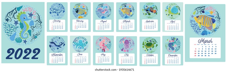 Marine life. Wall calendar design template for 2022, A4 format. Week starts on Sunday. Whale, mermaid, snail, shark, crab, stingray, seahorse, dolphin, octopus, turtle, jellyfish, clown fish etc.