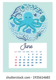 Marine life. Wall calendar design template for 2022, A4 format. Week starts on Sunday. Whale, mermaid, snail, shark, crab, stingray, seahorse, dolphin, octopus, turtle, jellyfish, clown fish etc.