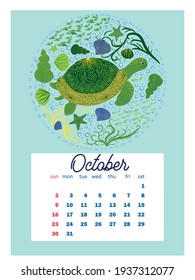 Marine life. Wall calendar design template for 2022, A4 format. Week starts on Sunday. Whale, mermaid, snail, shark, crab, stingray, seahorse, dolphin, octopus, turtle, jellyfish, clown fish etc.