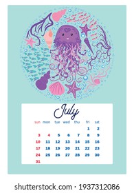 Marine life. Wall calendar design template for 2022, A4 format. Week starts on Sunday. Whale, mermaid, snail, shark, crab, stingray, seahorse, dolphin, octopus, turtle, jellyfish, clown fish etc.