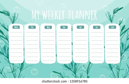 Marine life weekly planner with seaweeds.  Vector stationary template