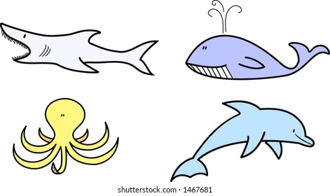 Marine life (whale, shark, octopus and dolphin)