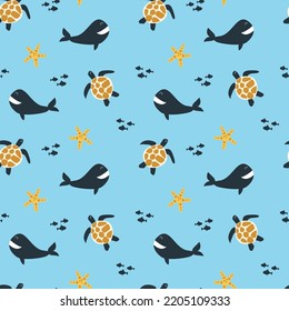 Marine life: whale, turtle, fish, starfish. Simple print. Seamless pattern, vector illustration