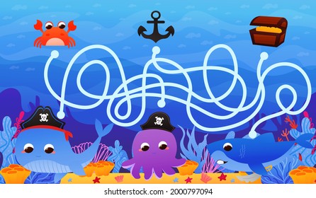 Marine life worksheet for children and colourful underwater fauna   flora  whale   octopus  find way to treasure