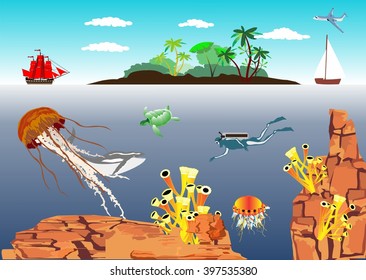 Marine life,and island at ocean, underwater creatures, ships. Blue sky,sailing ship, vector illustration