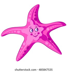 Marine life.Cute character Sea star.Vector illustration for children with isolated image of funny happy cartoon pink starfish.