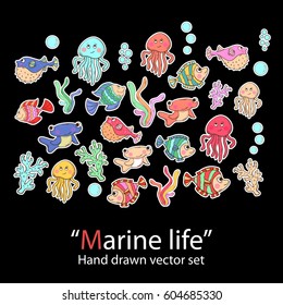 Marine life.Fish set.Fashion patch badges collection.Vector fish  hand draw set on a black background.Pins,stickers, patches in doddle style.Vector illustration isolated. Vector clip art.