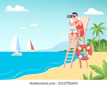 Marine lifeguard. sea landscape with lifeguard man watching to horizon. Vector background