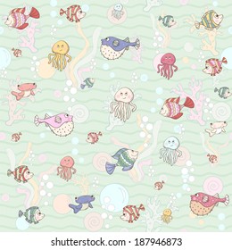 Marine life.Seamless pattern.Vector illustration.