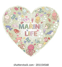 Marine life,themed design with elements: fish, turtle, shell, seaweed, jellyfish, coral, sea urchins, fish Hammer, lobster, bubbles in the shape of heart with text "Marine life"