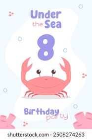 Marine life-themed eighth birthday invite. Adorable under-the-sea card for children with a red crab and pastel corals