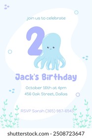 Marine life-themed second birthday invitation. Adorable underwater card for children with a cheerful blue octopus in gentle colors.