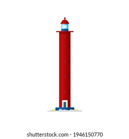 Marine lighthouse isolated nautical building. Vector red tower with light on top, beacon with searchlight beam, marine navigational equipment. Navy safety symbol, sea light house with entrance