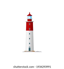 Marine lighthouse isolated tower building. Vector navigational nautical construction with signal on top. Sea navigation beacon tower with searchlight lamp, seafarer navigation equipment symbol